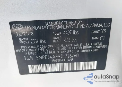 2018 Hyundai Sonata Sport+ z USA, uszkodzony, nr VIN 5NPE34AF9JH726760